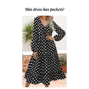 Womens Bohemian Polka Dot V Neck Long Sleeve Dress, NEW, Size S